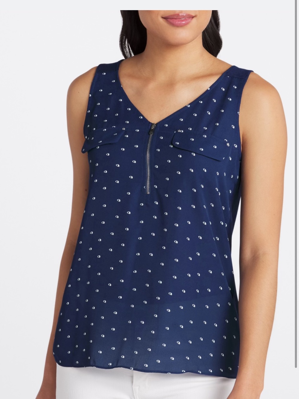Fortune + Ivy Navy Polka-Dot Zip-Front-Up blouse XXL